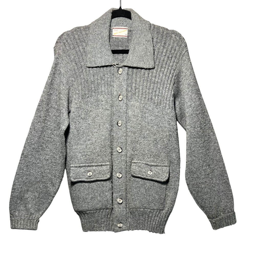 Vintage Sears Mens‎ Sportswear Grey Knit Cardigan Sweater Size M Collar Pockets